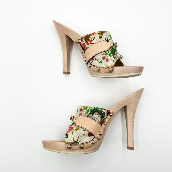 Gucci Horsebit Platform Floral Mules Sandals Heels Size 38, 8 - Picture 8 of 12